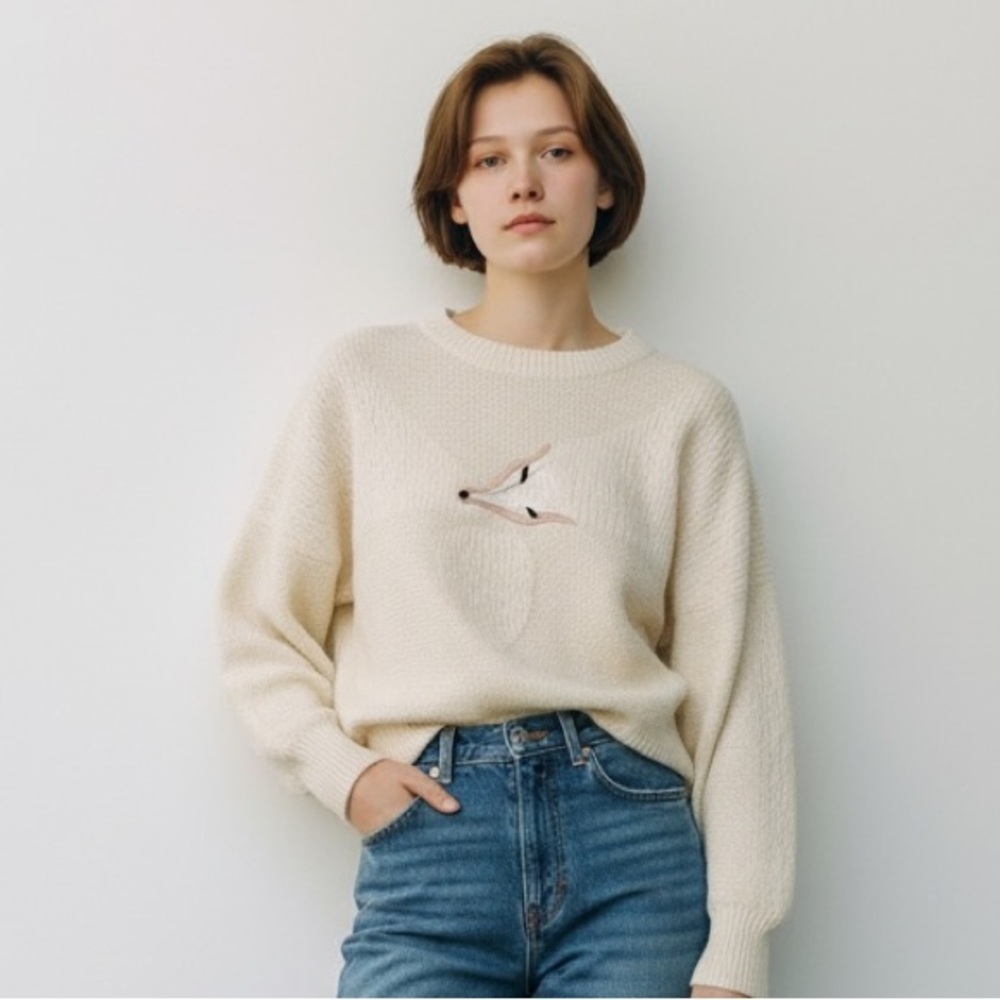Vintage Spirit Cream Embroidered Fox Sweater Angora Lambswool Whimsical Knit